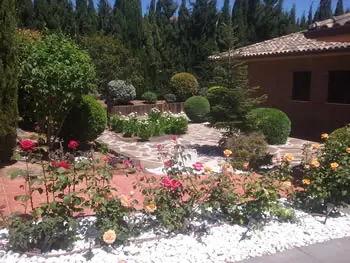 Jardín con caminos de piedra, rosales y grava blanca